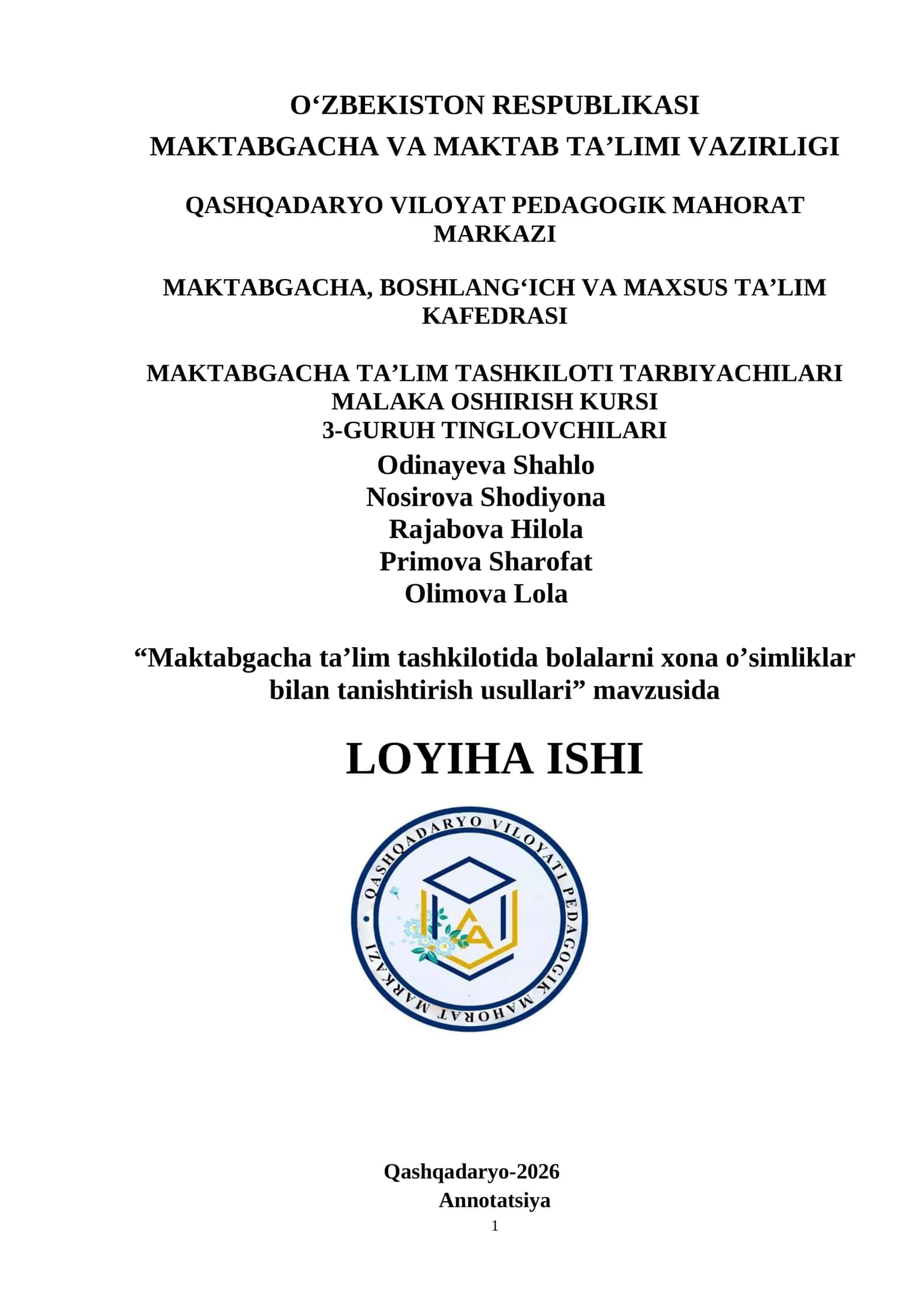 “Maktabgacha ta’lim tashkilotida bolalarni xona o’simliklar bilan tanishtirish usullari” mavzusida LOYIHA ISHI 1