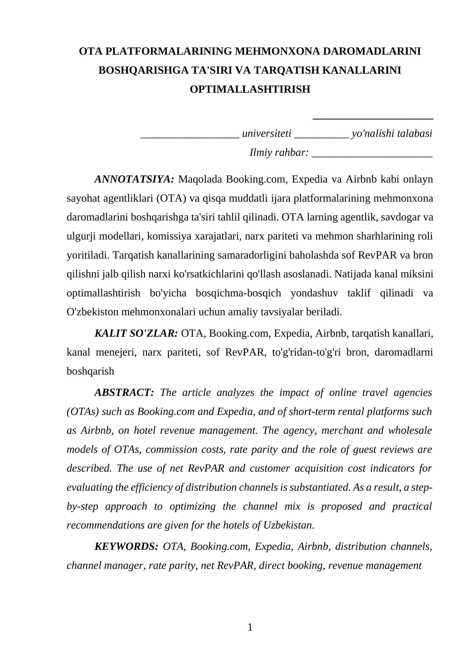 MEHMONXONA DAROMADLARI VA TARQATISH KANALLARINI OPTIMALLASHTIRISH 1