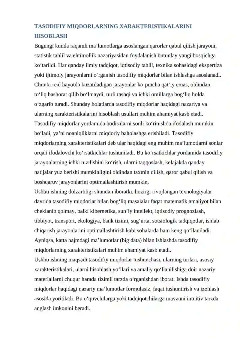 TASODIFIY MIQDORLARNING XARAKTERISTIKALARINI HISOBLASH 1