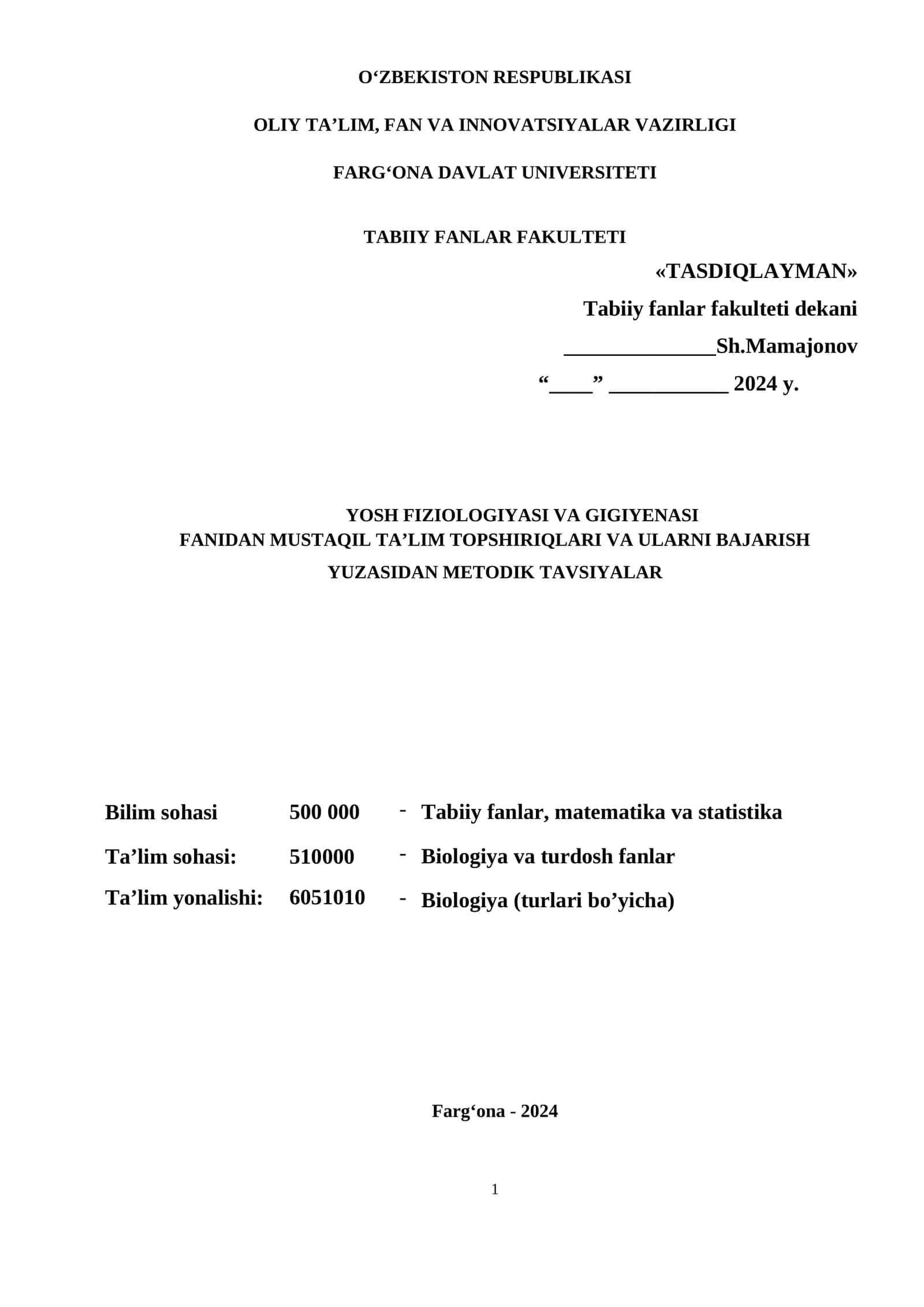 Yosh Fiziologiyasi va Gigiienasi Fanidan Mustaqil Ta'lim Topshiriqlari 1
