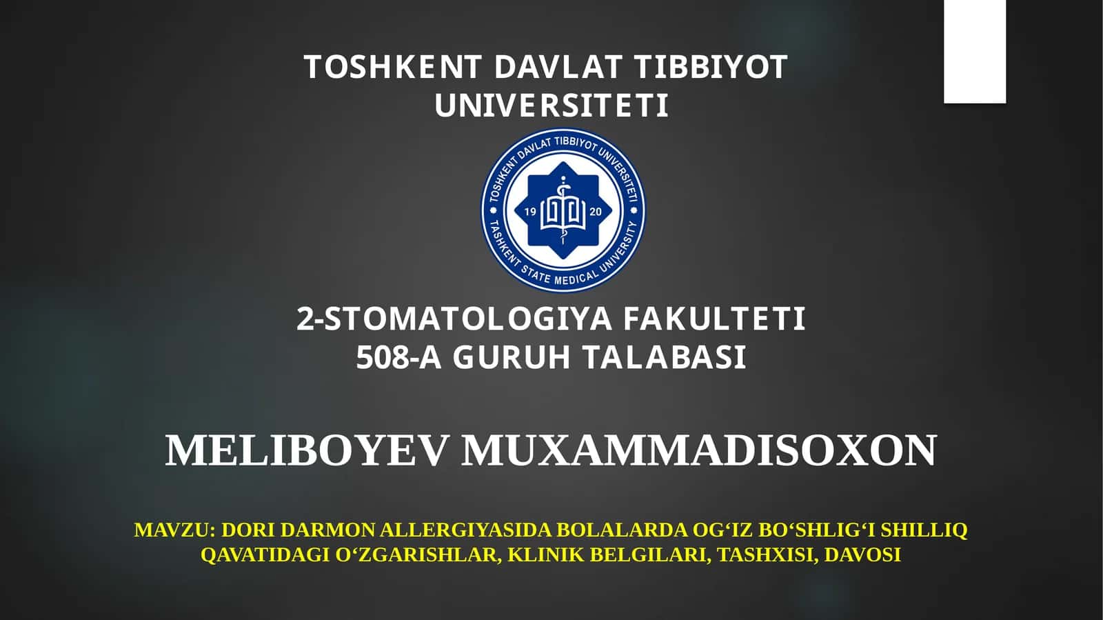 Dori-darmon allergiyasida bolalarda og‘iz bo‘shlig‘i shilliq qavatidagi o‘zgarishlar, klinik belgilari, tashxisi, davosi 1