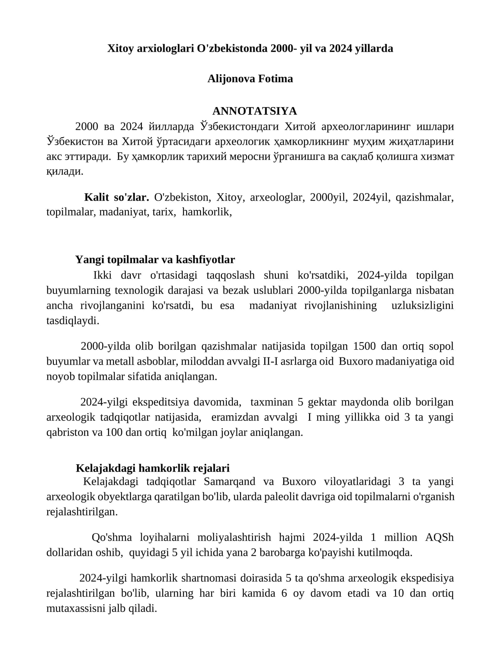 Xitoy arxiologlari O'zbekistonda 2000- yil va 2024 yillarda 1