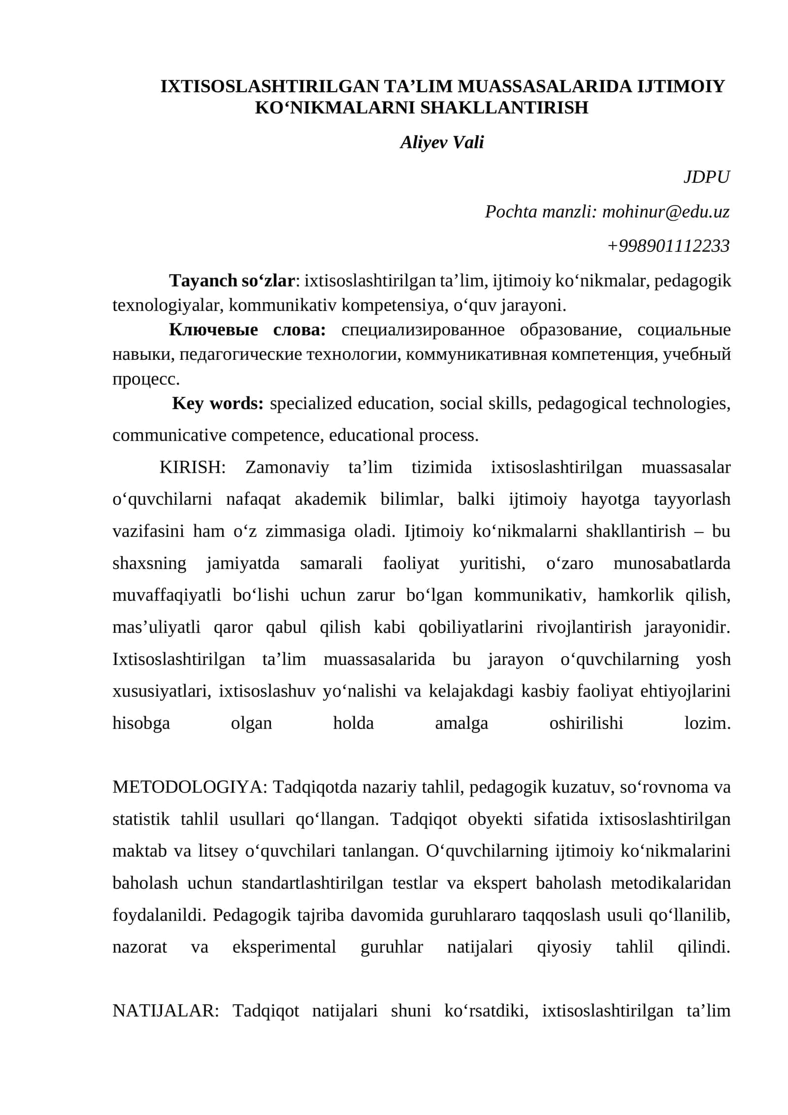 IXTISOSLASHTIRILGAN TA’LIM MUASSASALARIDA IJTIMOIY KO‘NIKMALARNI SHAKLLANTIRISH 1