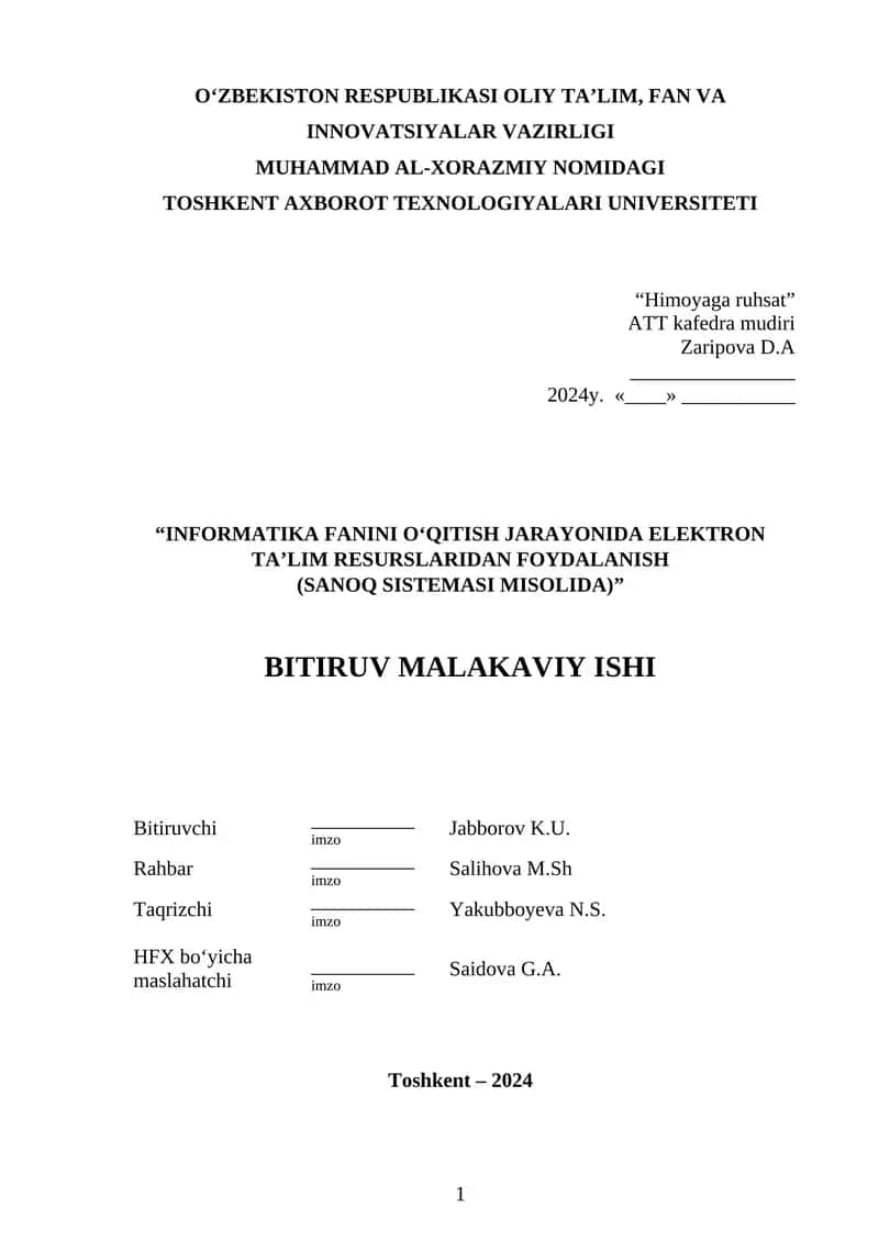 Informatika Fanini O‘qitish Jarayonida Elektron Ta’lim Resurslaridan Foydalanish Diplom ishi 1