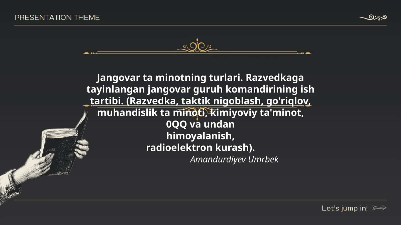 Jangovar ta minotning turlari. Razvedkaga 1