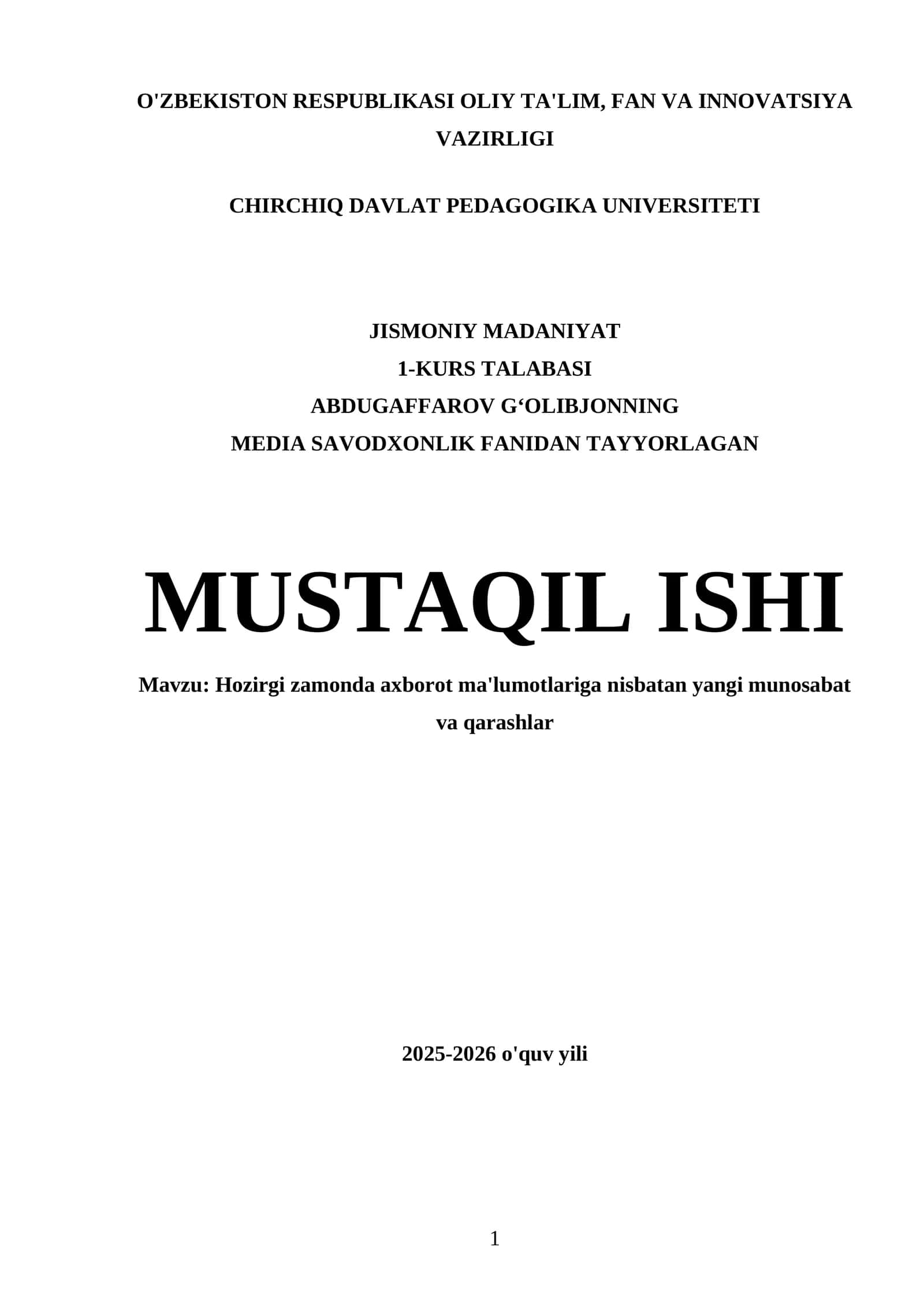 MEDIA SAVODXONLIK FANIDAN TAYYORLAGAN MUSTAQIL ISHI 1