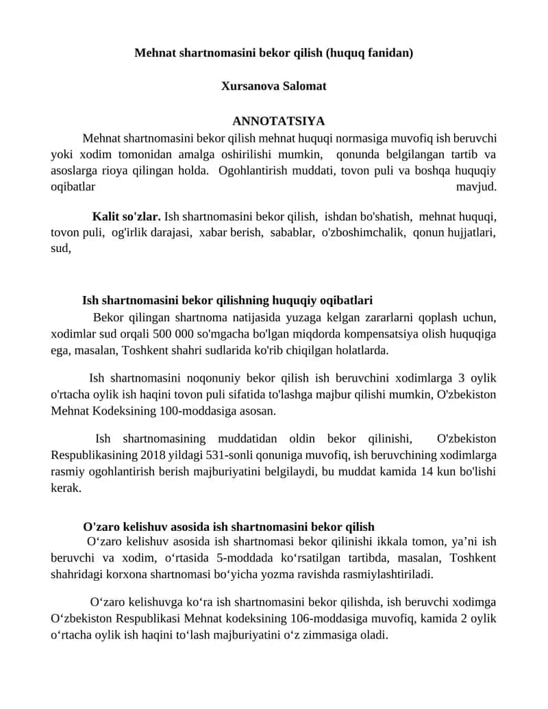 Mehnat shartnomasini bekor qilish (huquq fanidan) 1