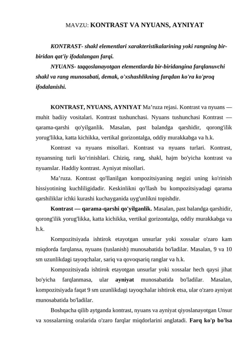 KONTRAST VA NYUANS, AYNIYAT 1