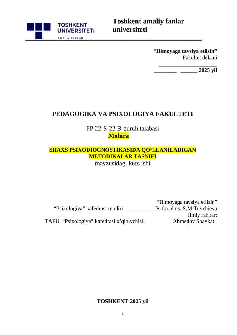 SHAXS PSIXODIOGNOSTIKASIDA QO‘LLANILADIGAN METODIKALAR TASNIFI 1