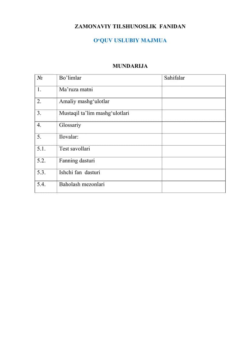 Zamonaviy tilshunoslik fanidan o`quv uslubiy majmua Ingliz tilida.docx 1