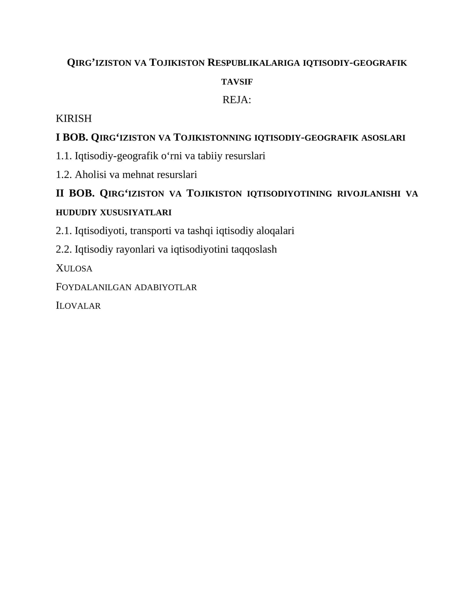 Qirg’iziston va Tojikiston Respublikalariga iqtisodiy-geografik tavsif 1