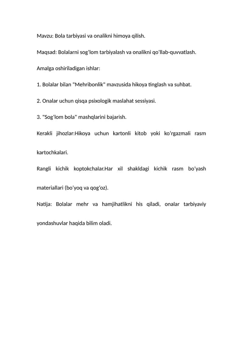 Bola tarbiyasi va onalikni himoya qilish kartateka 1