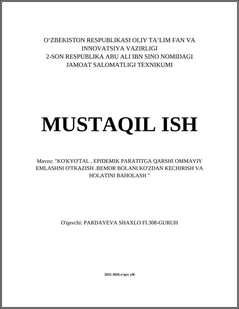 "KO'KYO'TAL, EPIDEMIK PARATITGA QARSHI OMMAVIY EMLASHNI O'TKAZISH.BEMOR BOLANI KO'ZDAN KECHIRISH VA HOLATINI BAHOLASH" 1