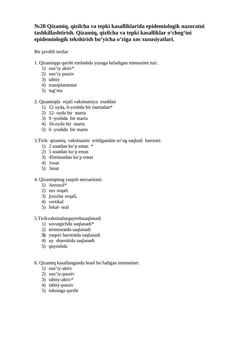 №20 Qizamiq, qizilcha va tepki kasalliklarida epidemiologik nazoratni tashkillashtirish 1