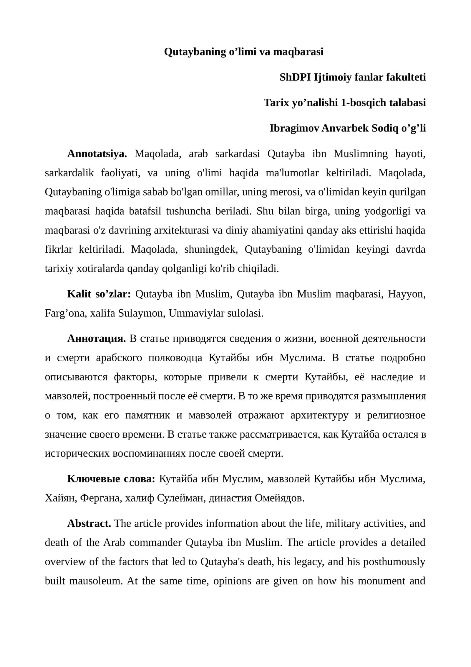Qutaybaning o’limi va maqbarasi 1