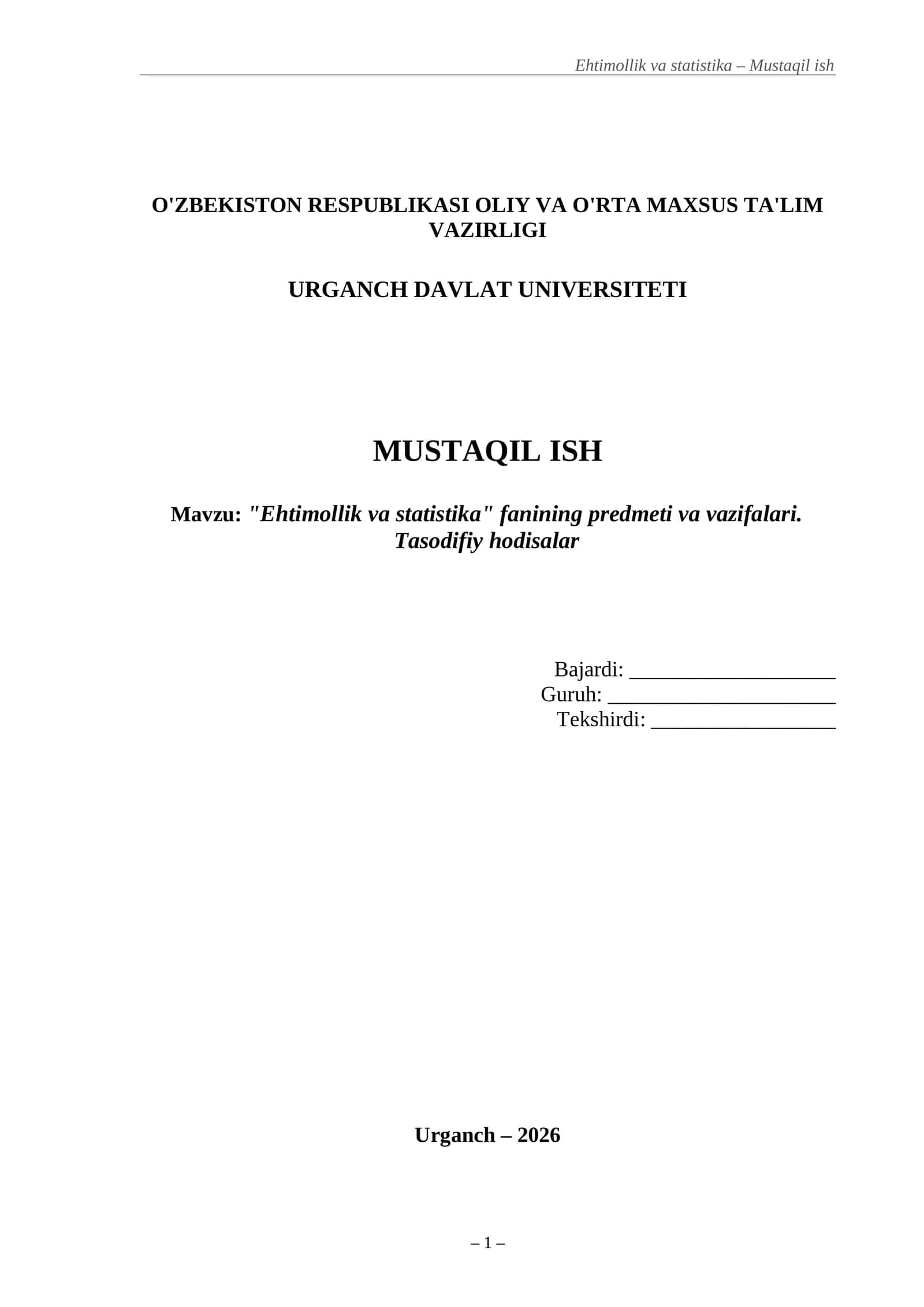 Ehtimollik va statistika 1