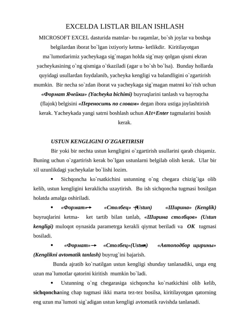 EXCELDA LISTLAR BILAN ISHLASH 1