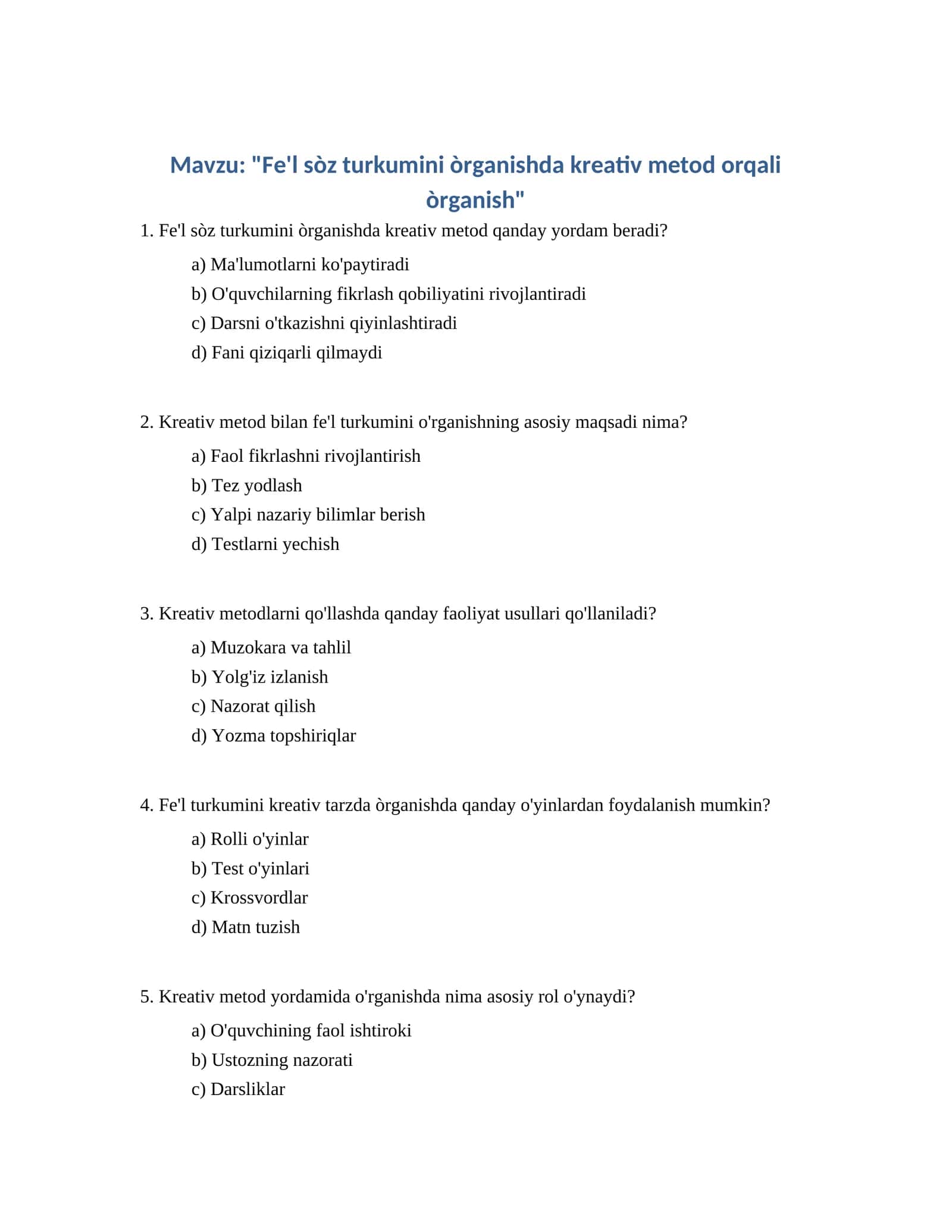 Fe'l sòz turkumini òrganishda kreativ metod orqali òrganish 1