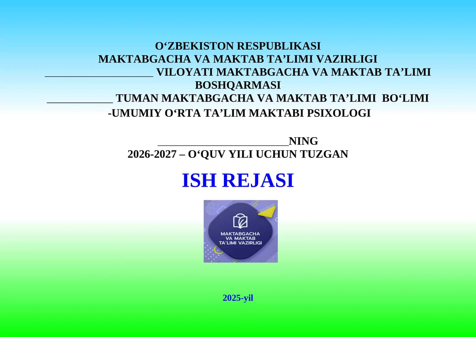 2026-2027 O‘quv Yili Uchun Psixolog ish rejasi 1