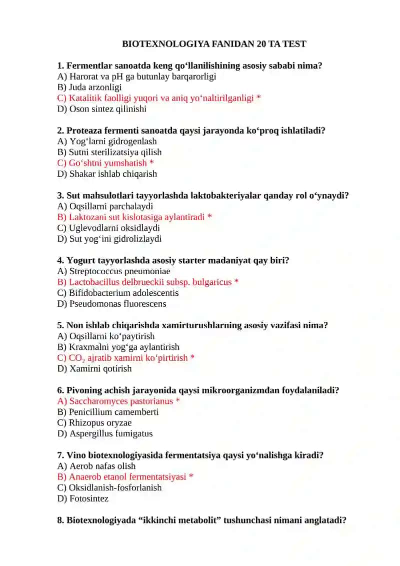 BIOTEXNOLOGIYA FANIDAN 20 TA TEST
