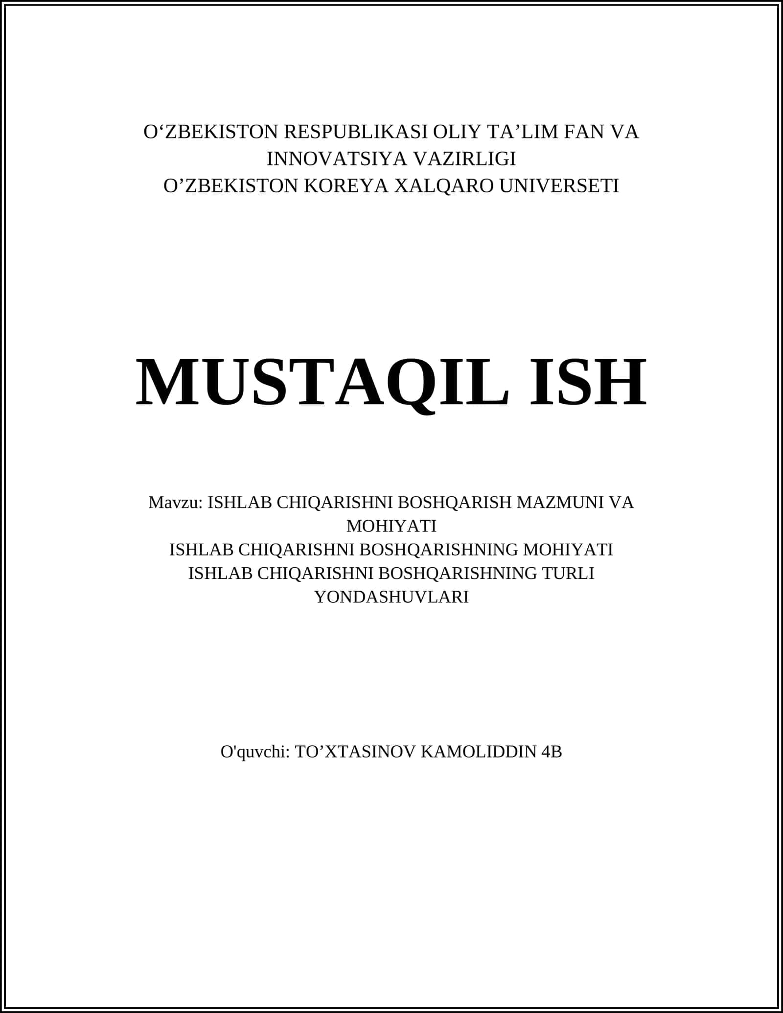 ISHLAB CHIQARISHNI BOSHQARISH MAZMUNI VA MOHIYATI 1
