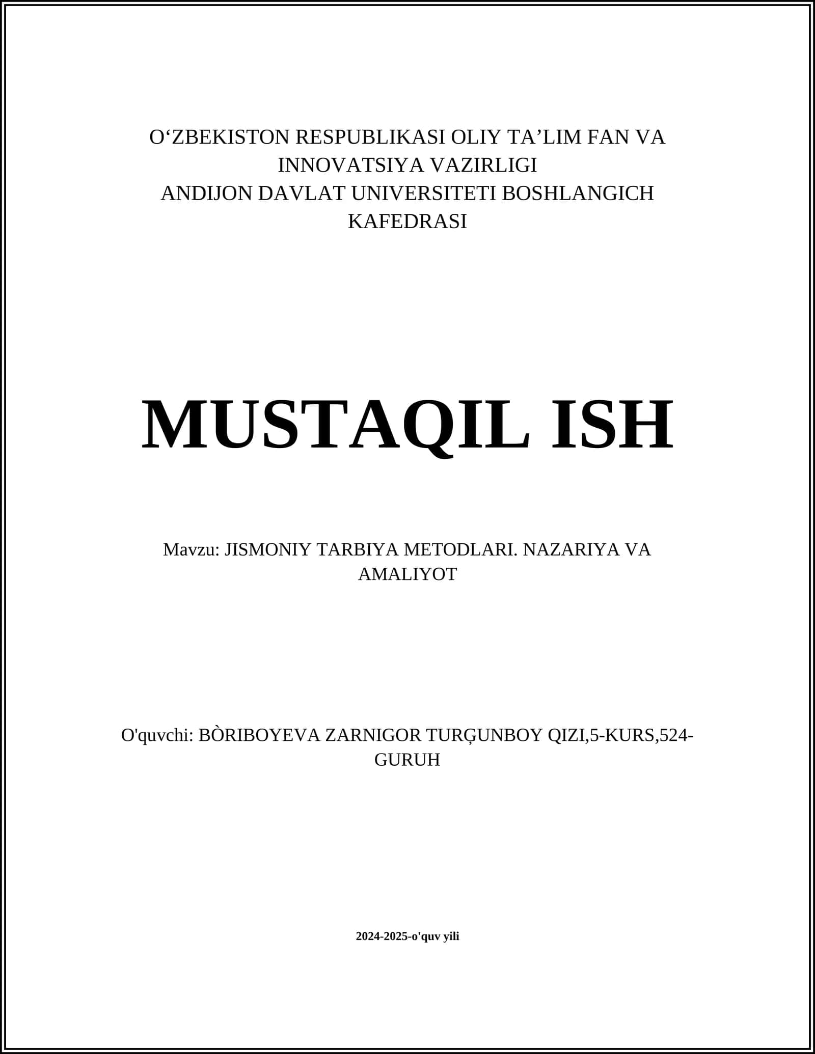 JISMONIY TARBIYA METODLARI. NAZARIYA VA AMALIYOT 1