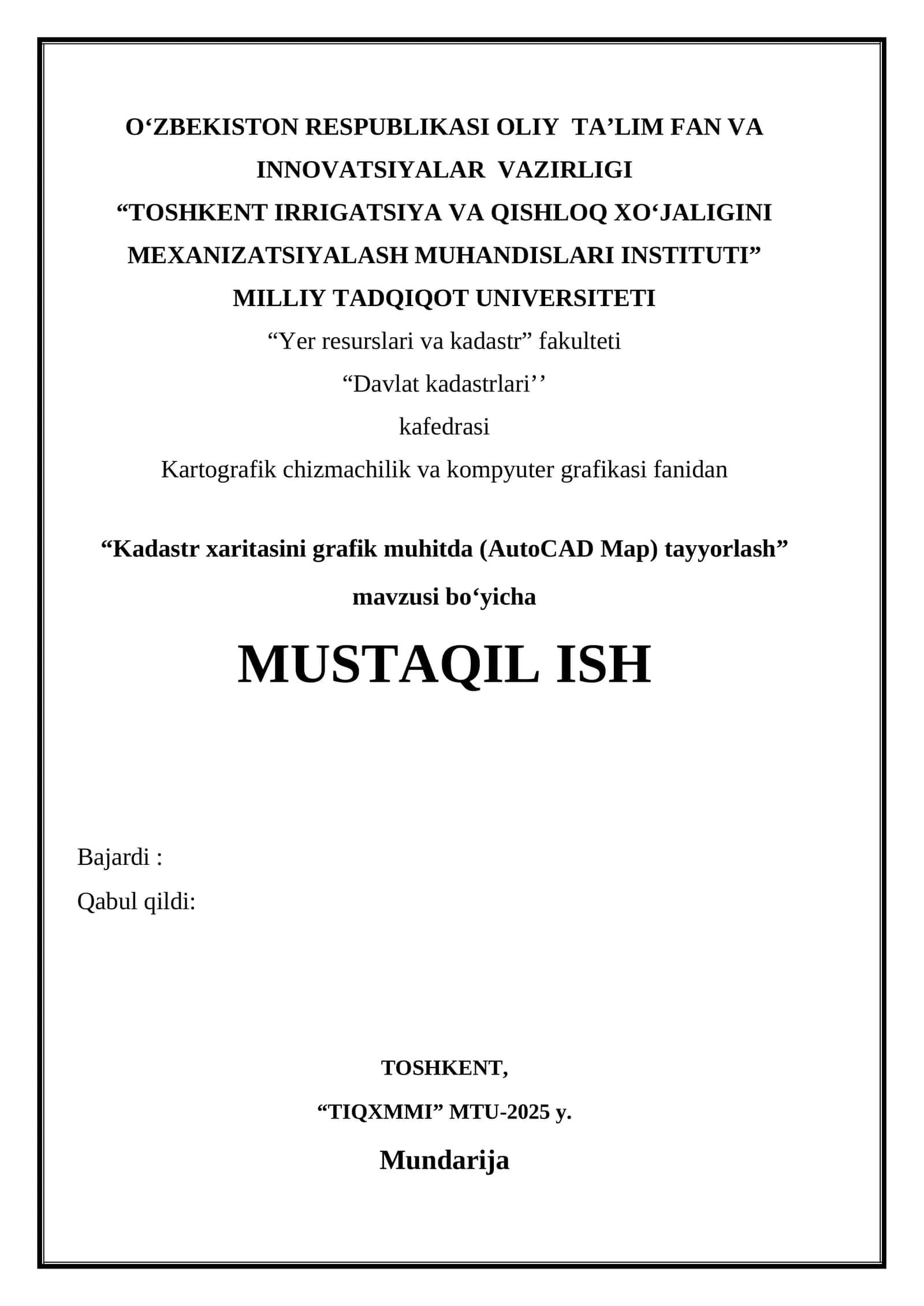 Kadastr xaritasini grafik muhitda (AutoCAD Map) tayyorlash 1