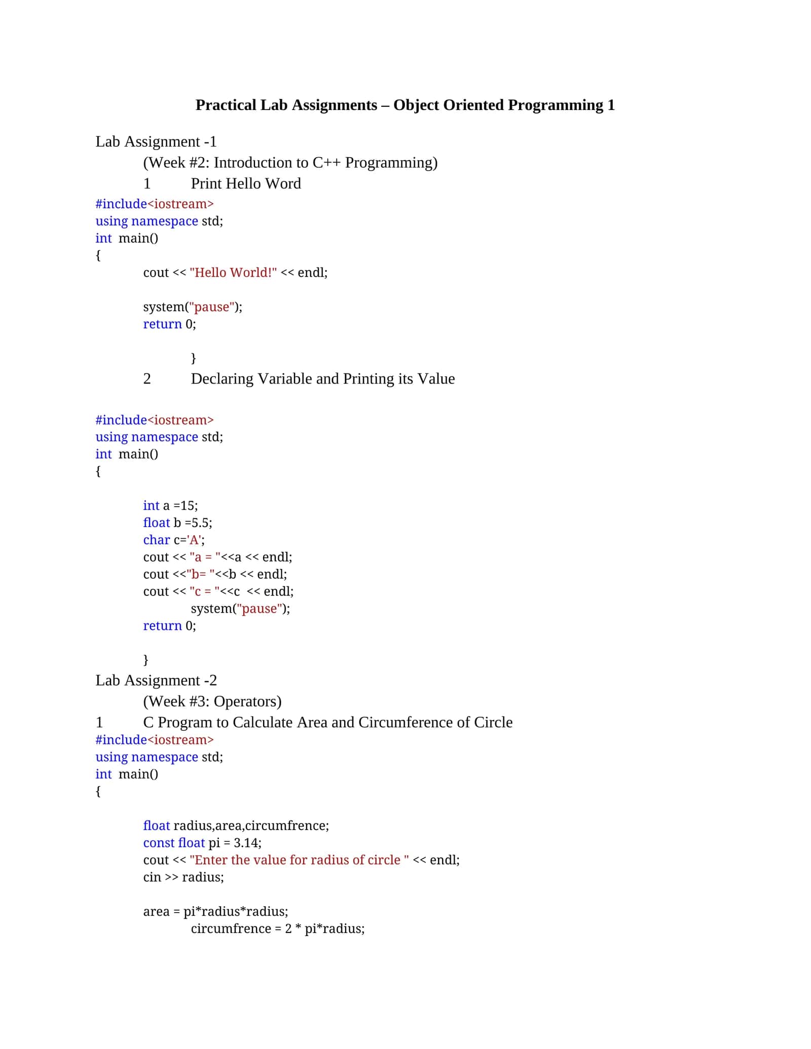 Practical Lab Assignments – Object Oriented Programming 1 1