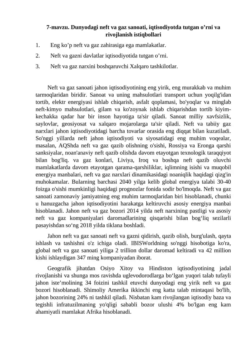 Dunyodagi neft va gaz sanoati, iqtisodiyotda tutgan o’rni va rivojlanish istiqbollari 1