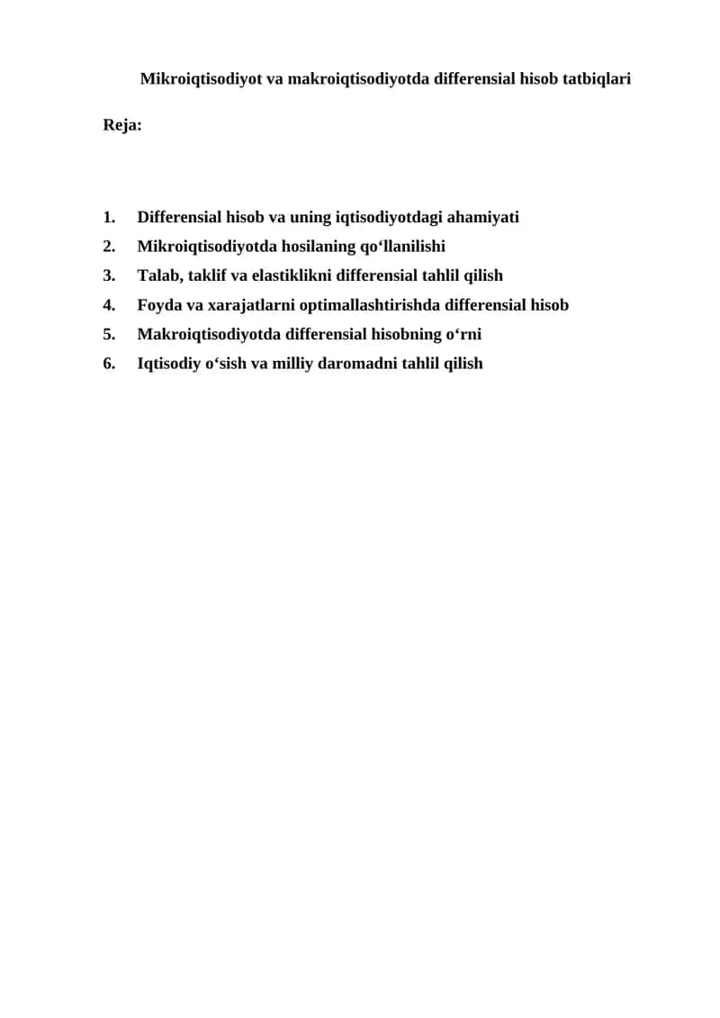 Mikroiqtisodiyot va makroiqtisodiyotda differensial hisob tatbiqlari 1