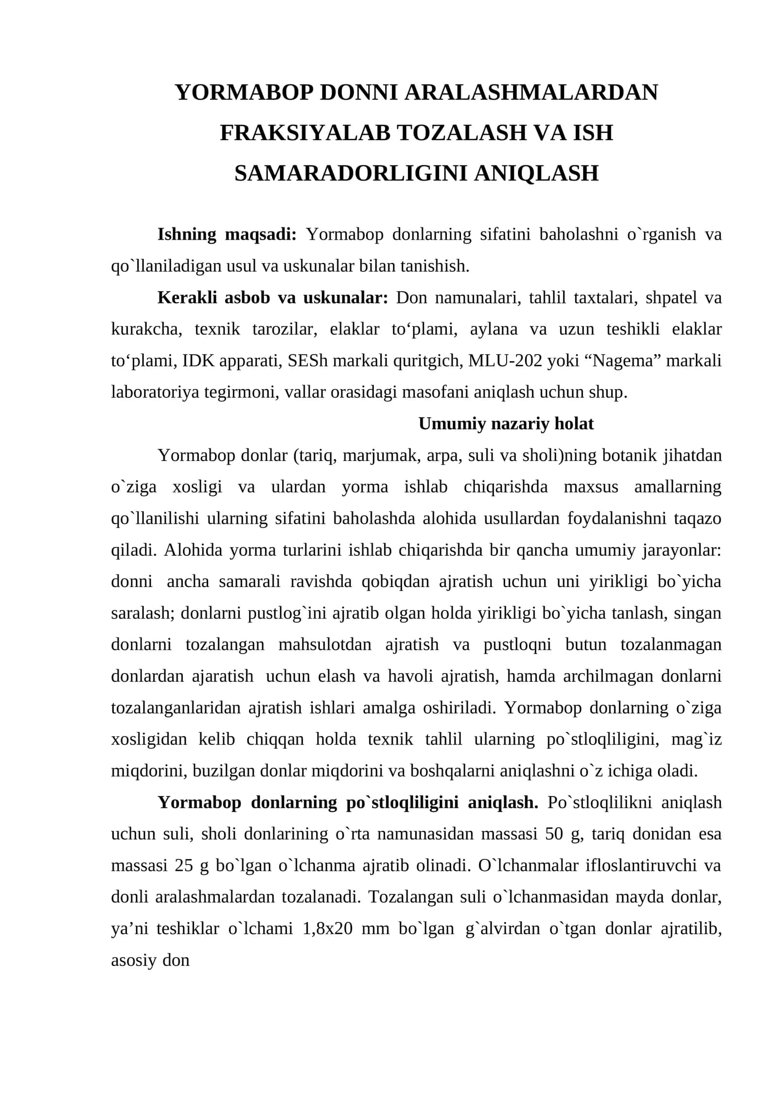 YORMABOP DONNI ARALASHMALARDAN FRAKSIYALAB TOZALASH VA ISH SAMARADORLIGINI ANIQLASH 1