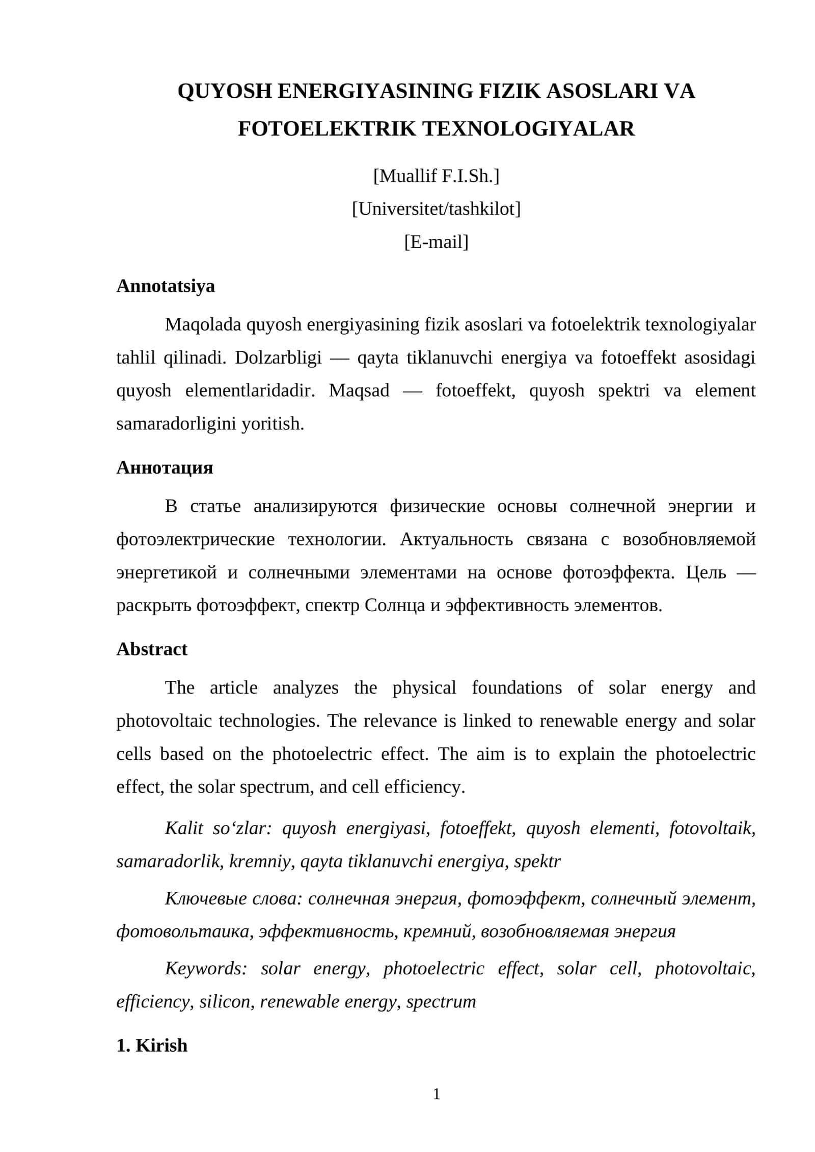 QUYOSH ENERGIYASINING FIZIK ASOSLARI VA FOTOELEKTRIK TEXNOLOGIYALAR 1