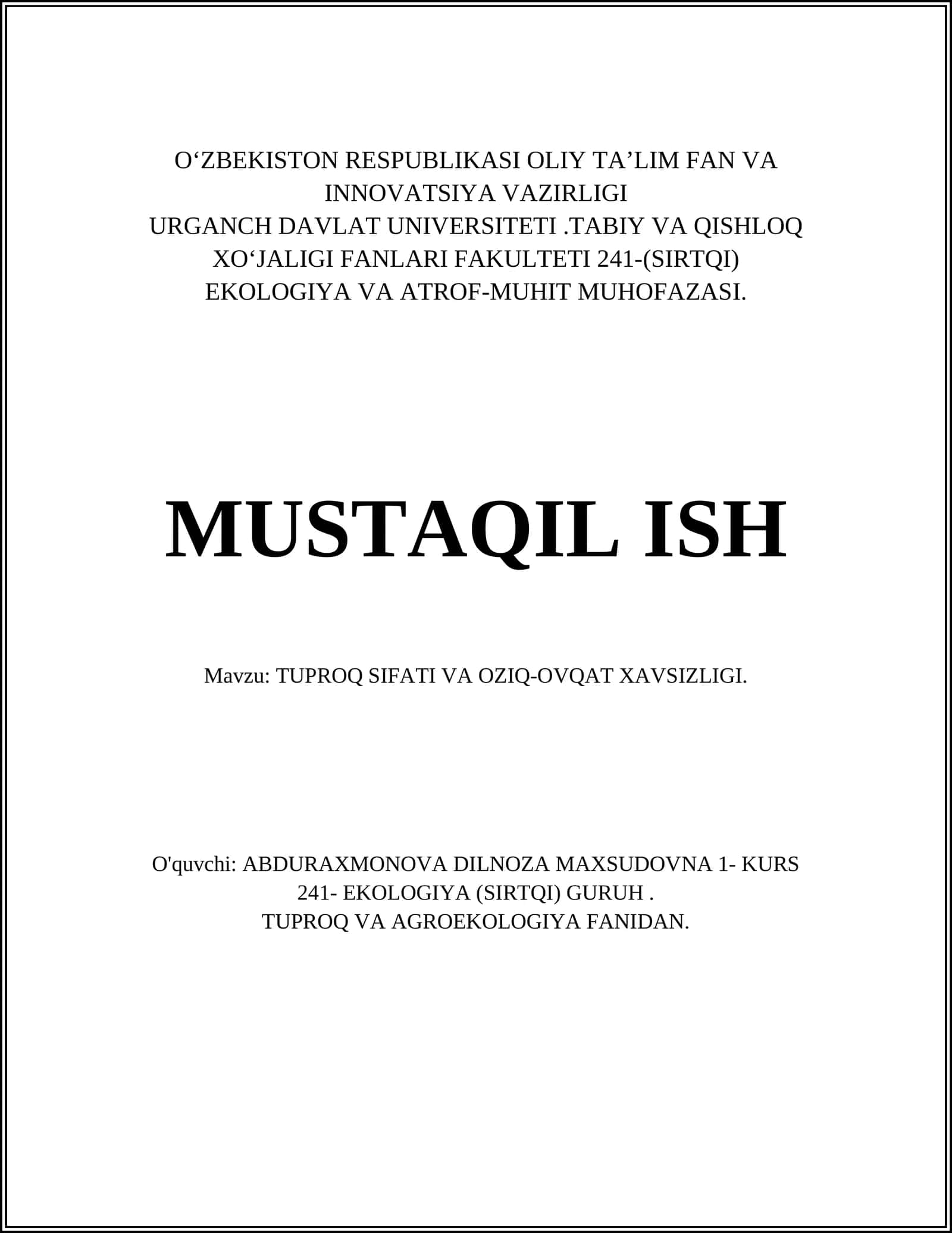TUPROQ SIFATI VA OZIQ-OVQAT XAVSIZLIGI 1