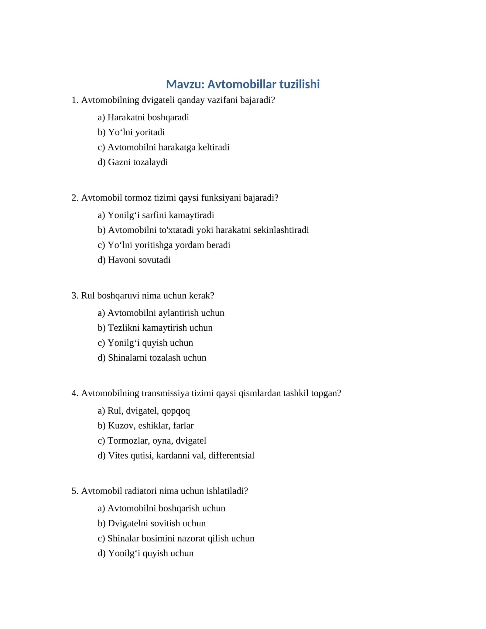 Avtomobillar tuzilishi 1