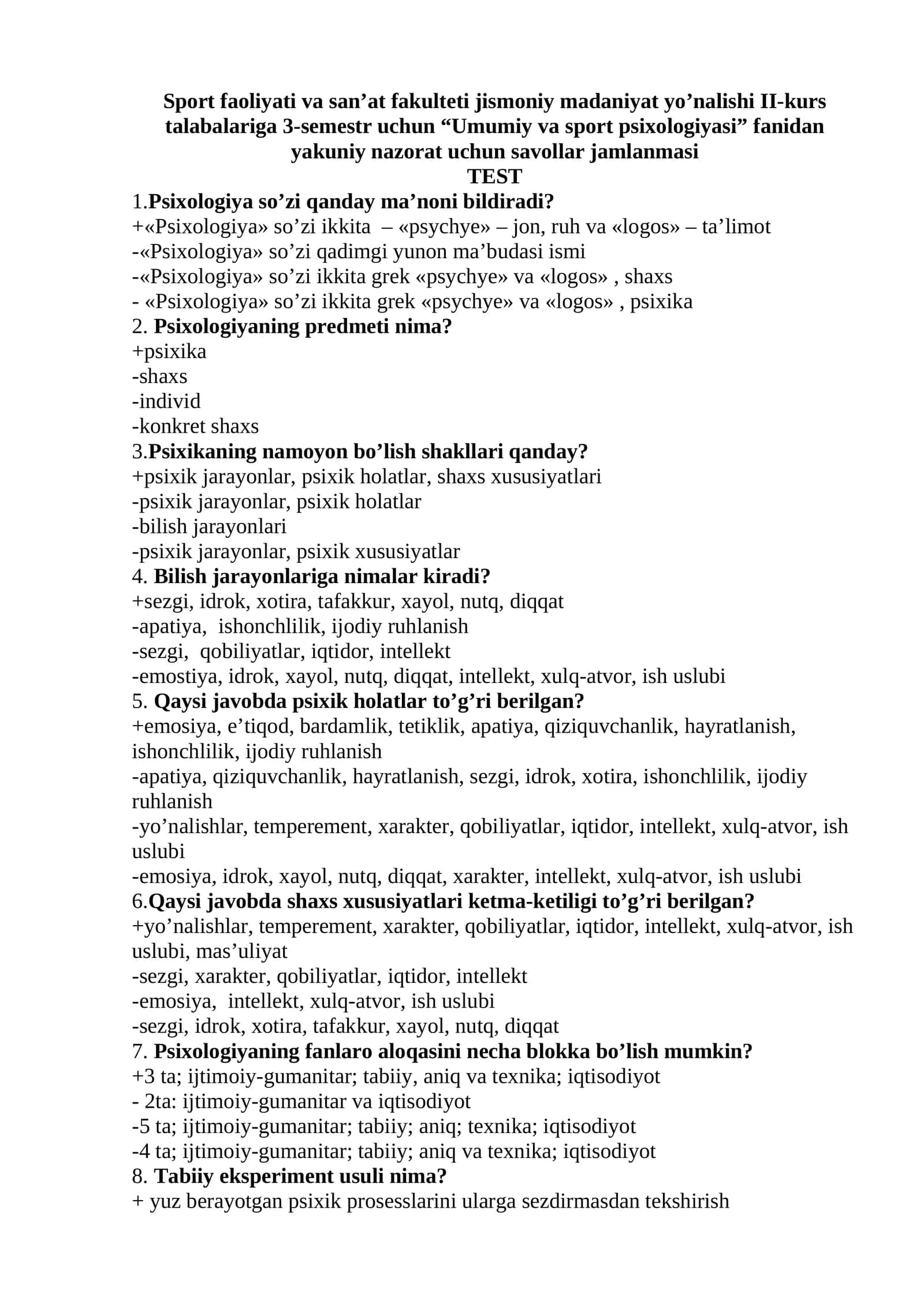 “Umumiy va sport psixologiyasi” fanidan yakuniy nazorat uchun savollar jamlanmasi 1
