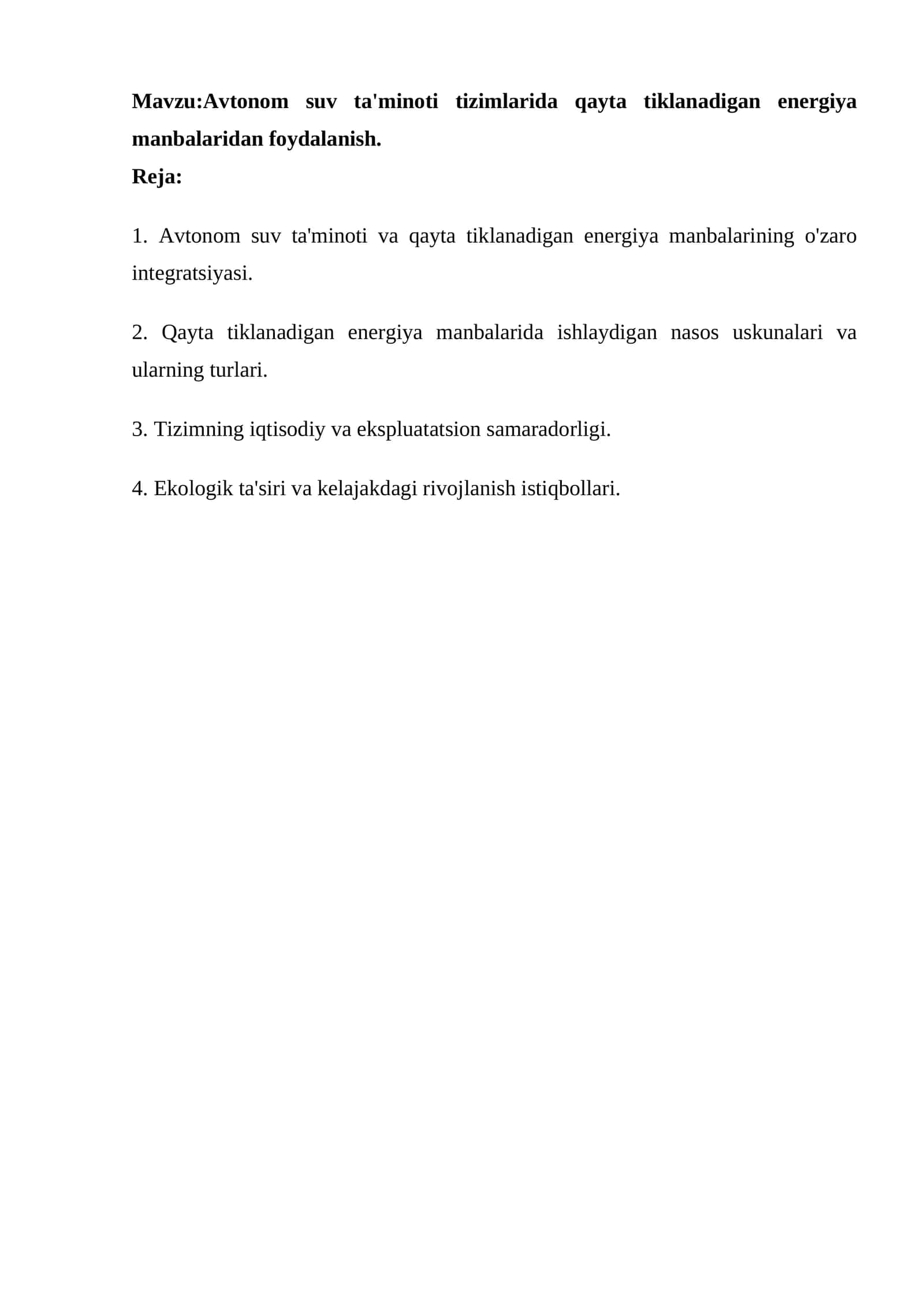Avtonom suv ta'minoti tizimlarida qayta tiklanadigan energiya manbalaridan foydalanish 1