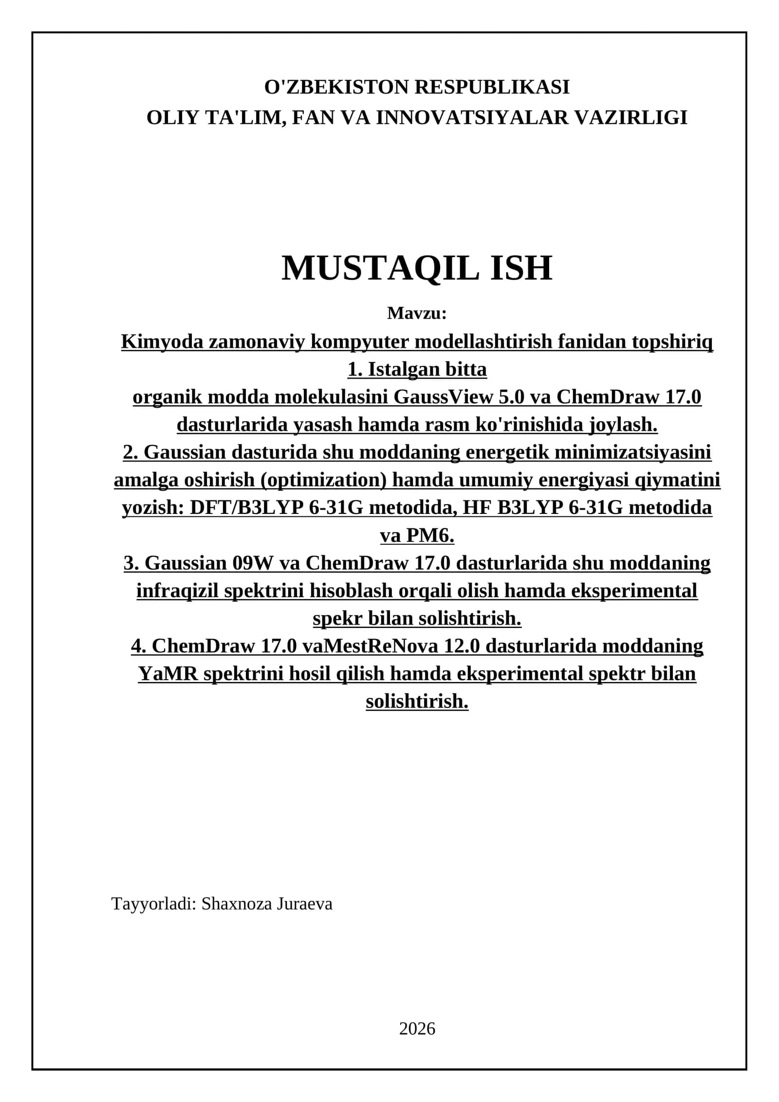 Kimyoda zamonaviy kompyuter modellashtirish fanidan topshiriq 1