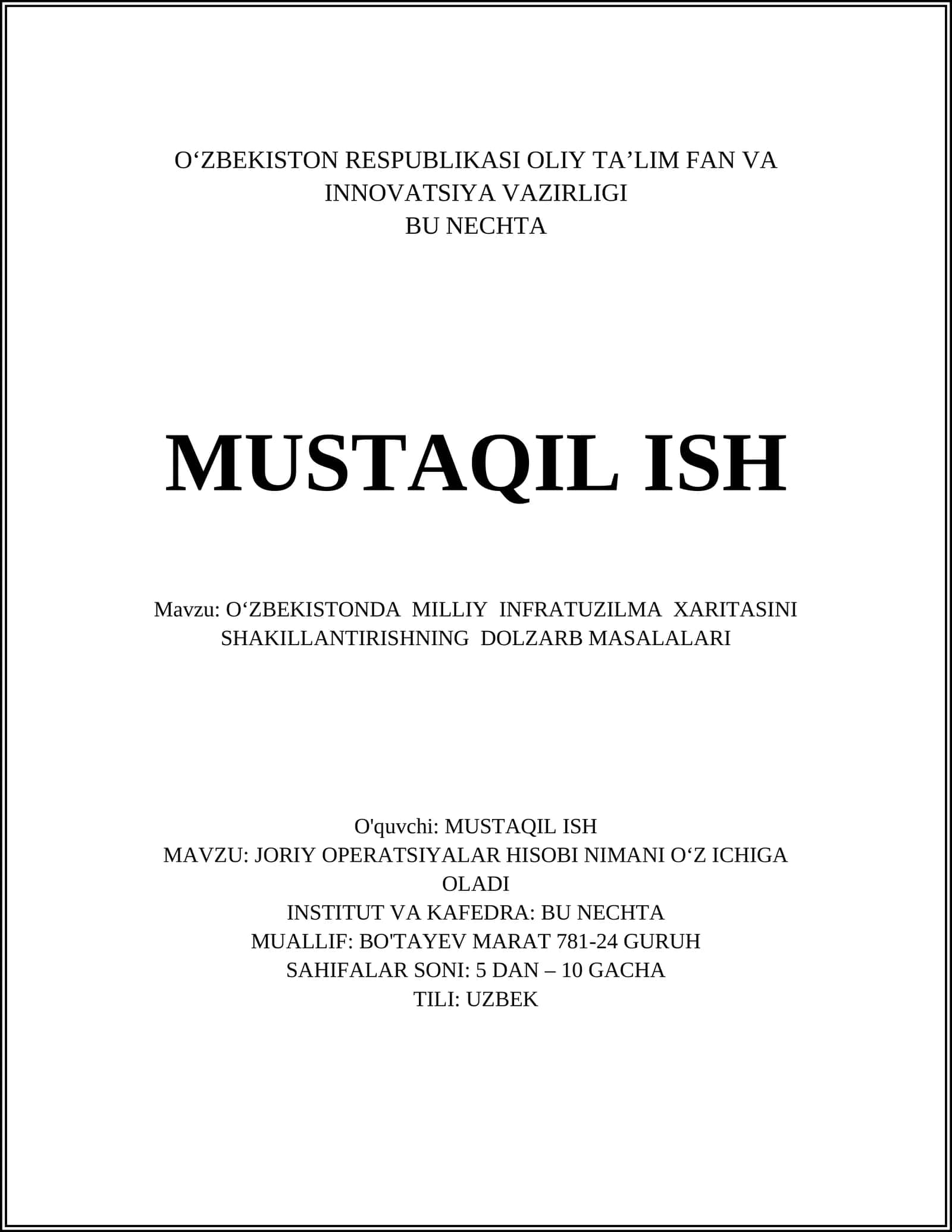 O‘ZBEKISTONDA MILLIY INFRATUZILMA XARITASINI SHAKILLANTIRISHNING DOLZARB MASALALARI 1