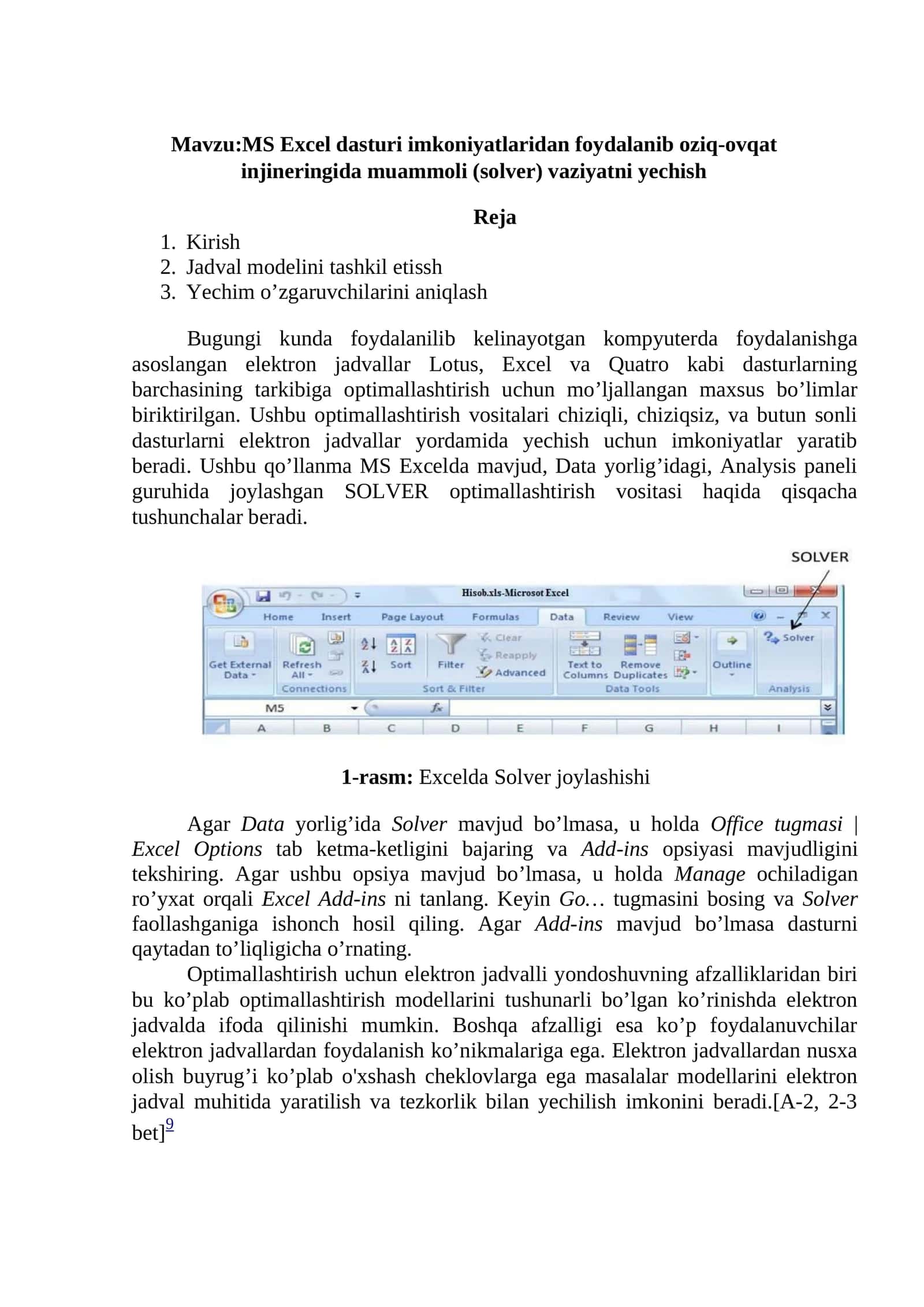 MS Excel dasturi imkoniyatlaridan foydalanib oziq-ovqat injineringida muammoli (solver) vaziyatni yechish 1