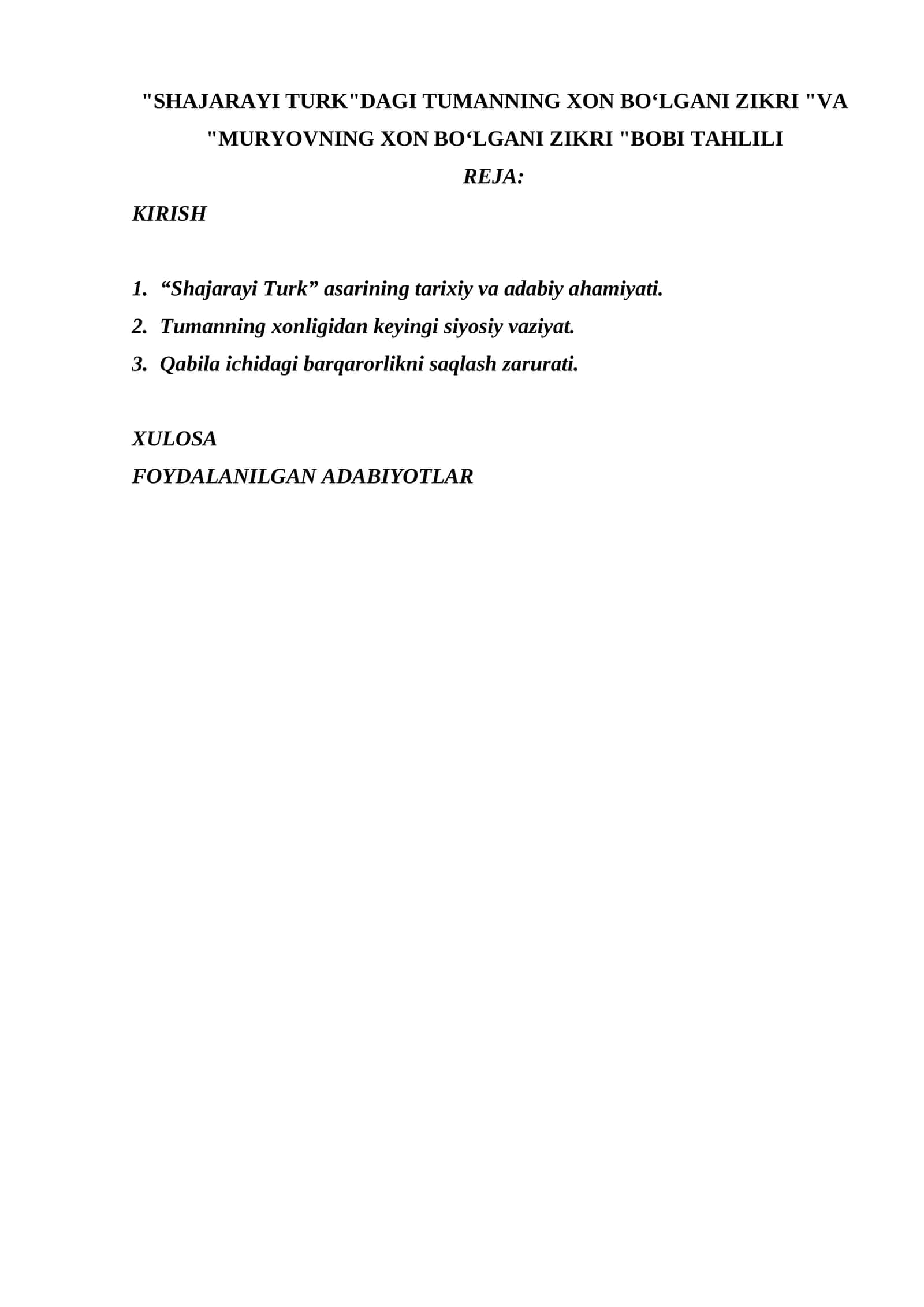 "SHAJARAYI TURK"DAGI TUMANNING XON BOʻLGANI ZIKRI "VA "MURYOVNING XON BOʻLGANI ZIKRI "BOBI TAHLILI 1