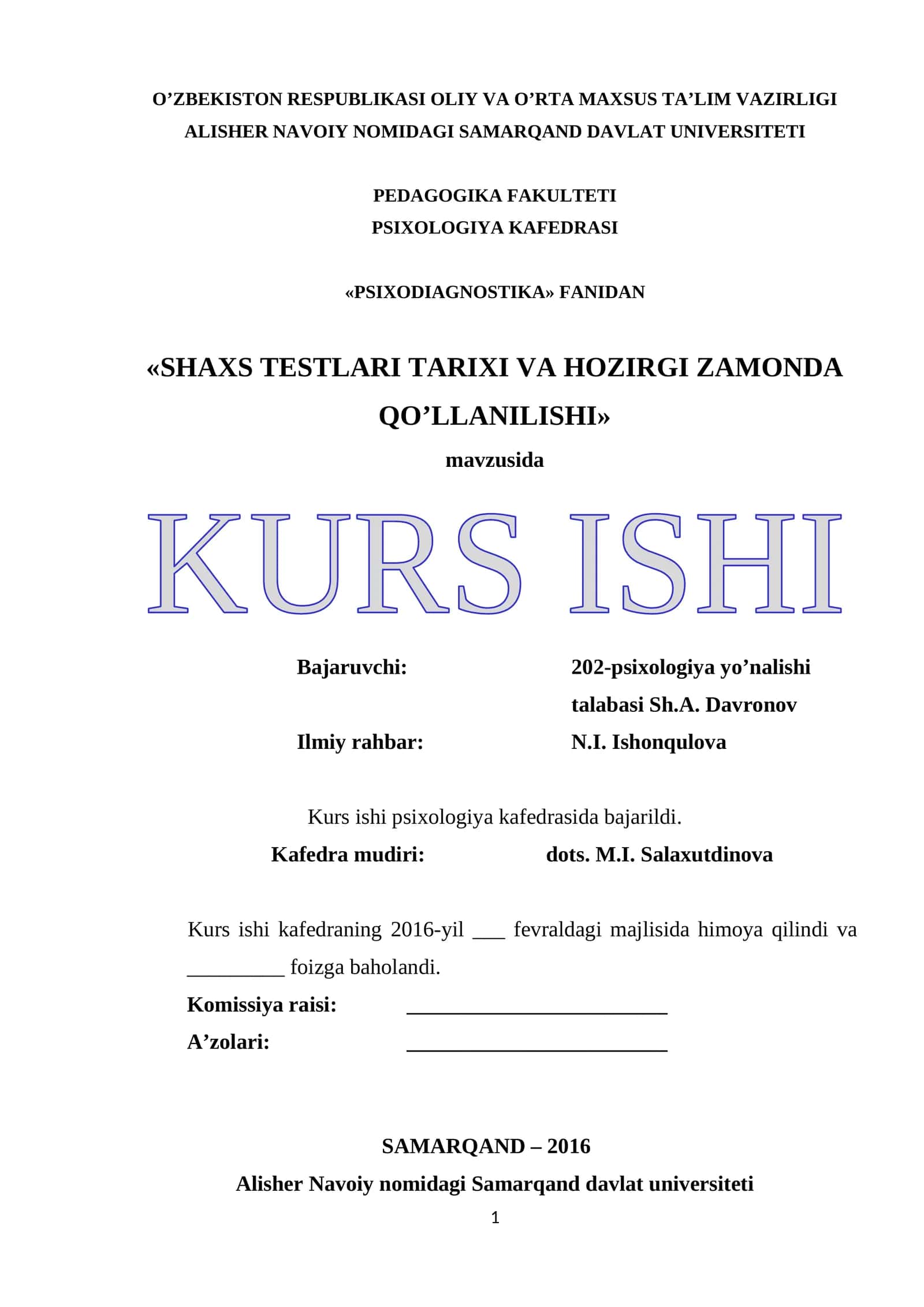 SHAXS TESTLARI TARIXI VA HOZIRGI ZAMONDA QO’LLANILISHI 1