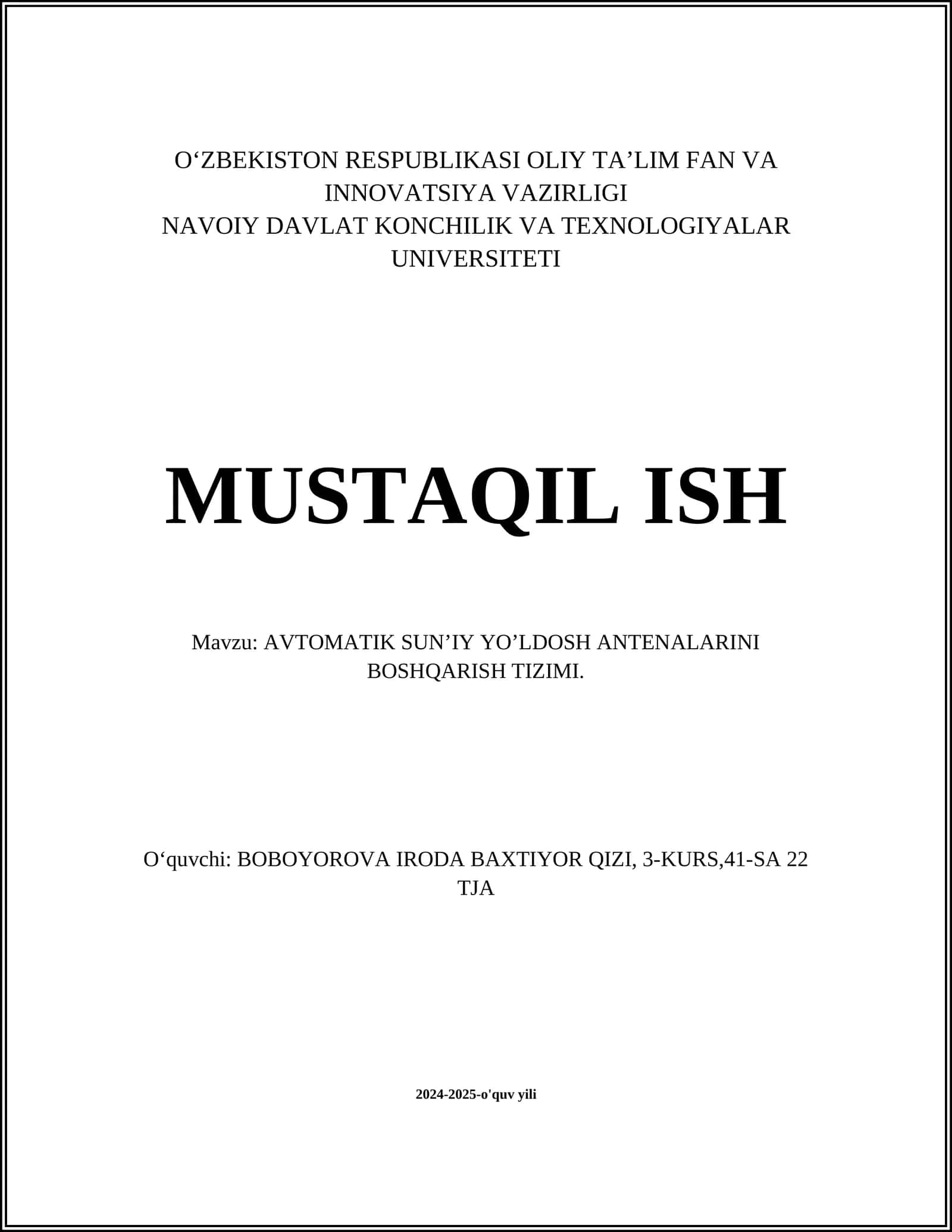 AVTOMATIK SUNʼIY YOʼLDOSH ANTENALARINI BOSHQARISH TIZIMI 1