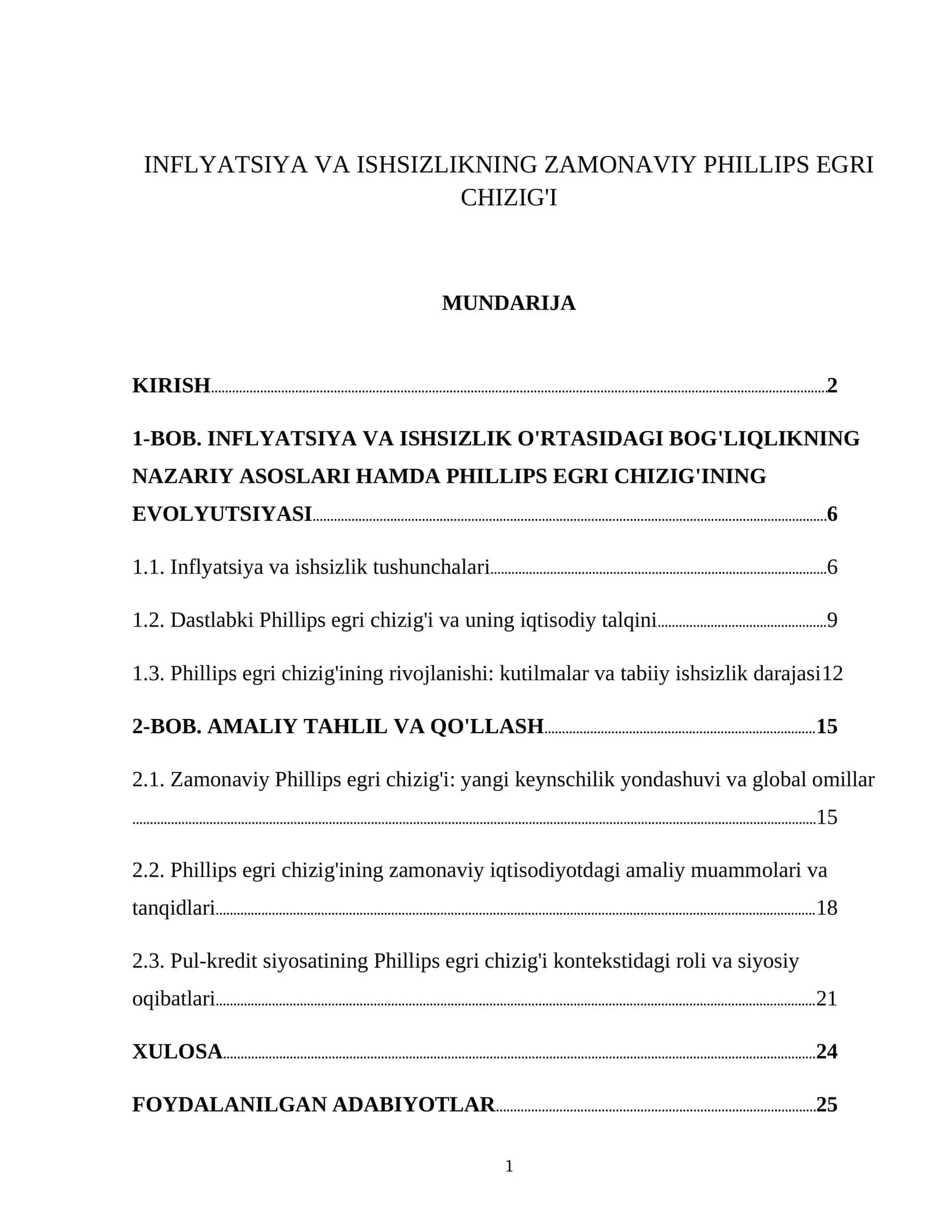 INFLYATSIYA VA ISHSIZLIKNING ZAMONAVIY PHILLIPS EGRI CHIZIG'I 1