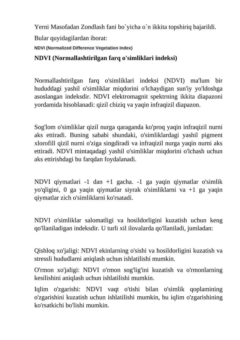 Yerni Masofadan Zondlash fani bo`yicha o`n ikkita topshiriq 1