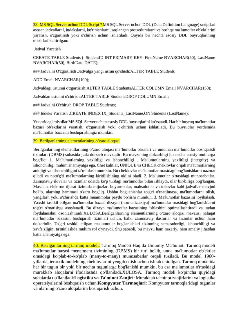 MS SQL Server uchun DDL Script 1