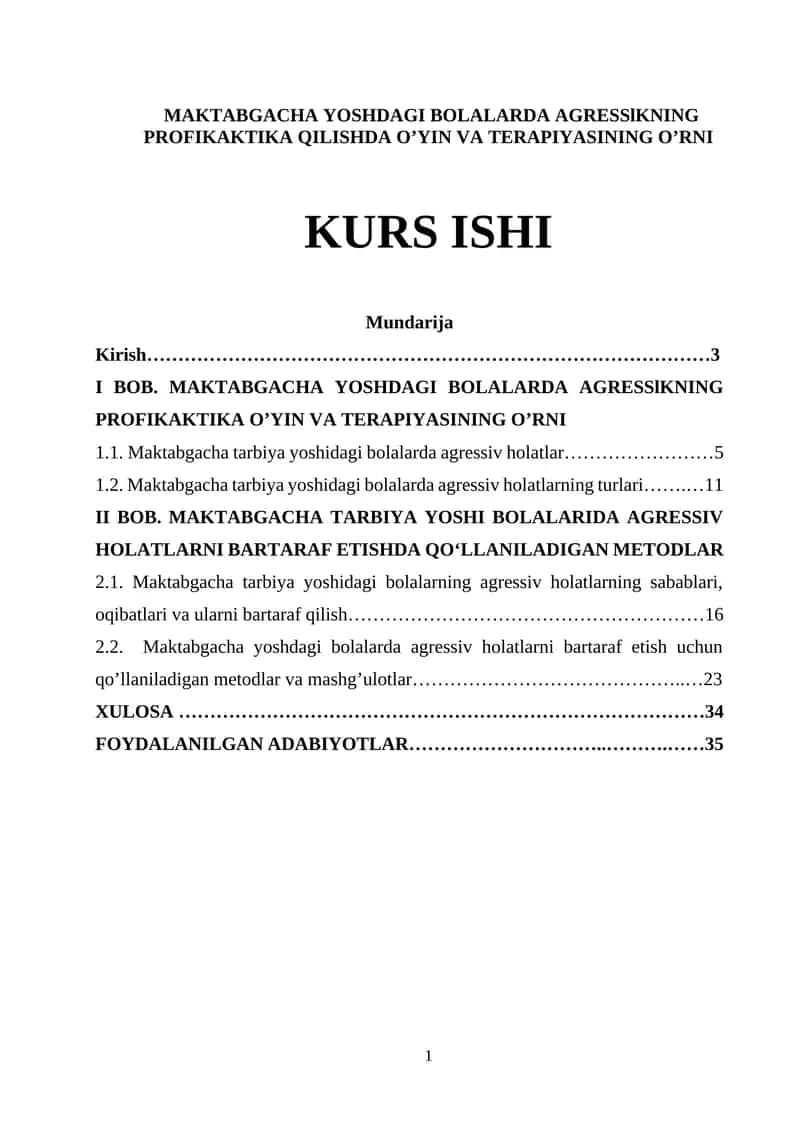 MAKTABGACHA YOSHDAGI BOLALARDA AGRESSlKNING PROFIKAKTIKA QILISHDA O’YIN VA TERAPIYASINING O’RNI 1