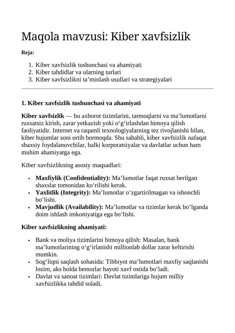 Kiberxavfsizlik bo'yicha maqola 1