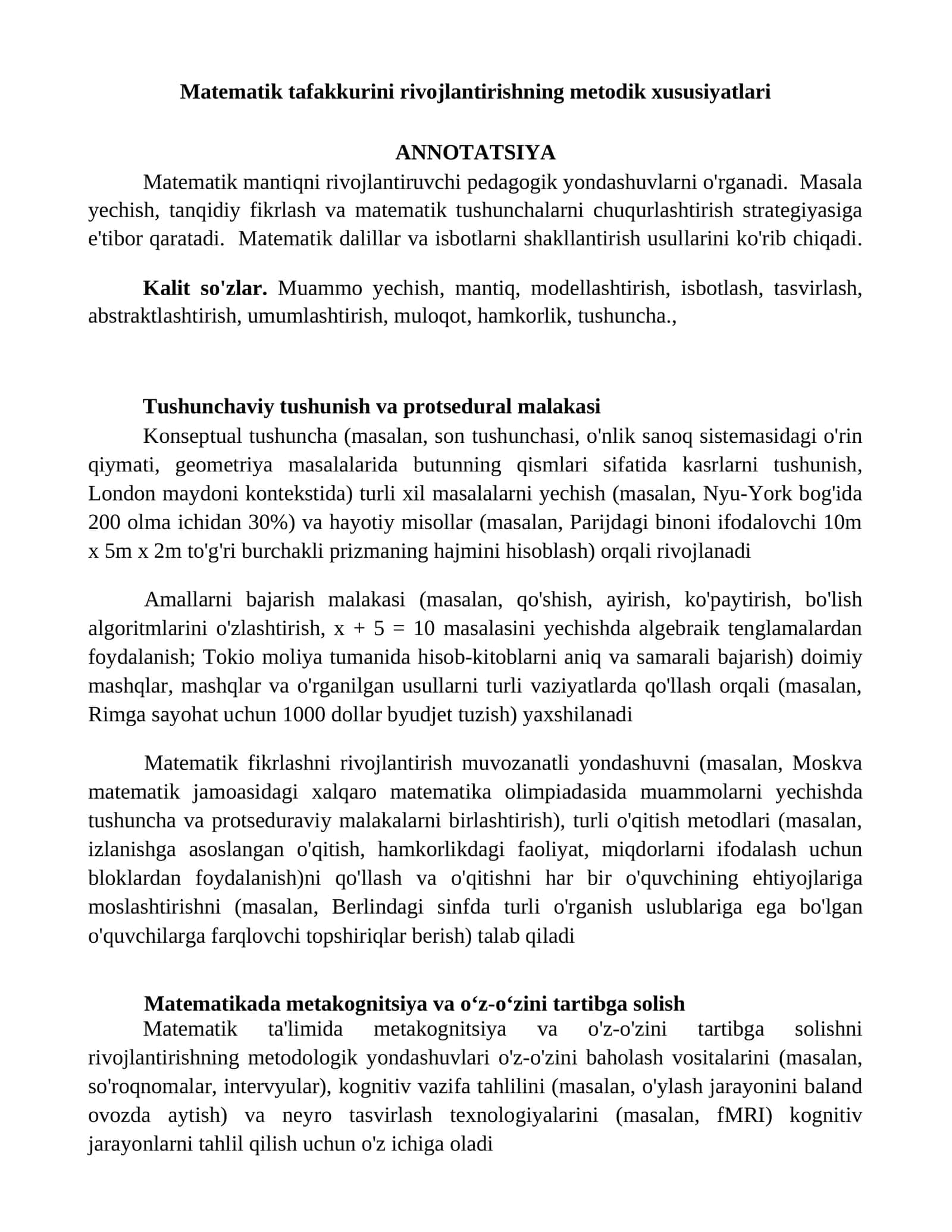 Matematik tafakkurini rivojlantirishning metodik xususiyatlari 1
