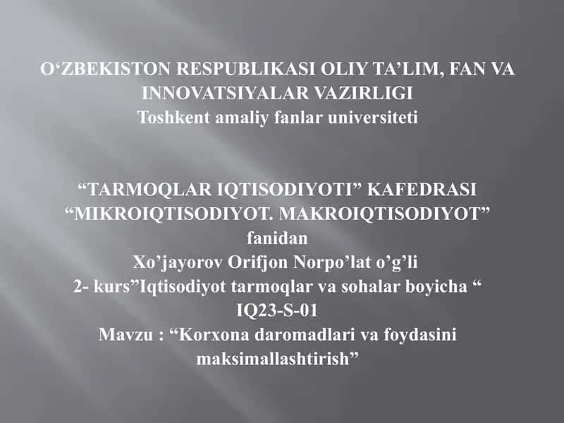 Korxona daromadlari va foydasini maksimallashtirish 1