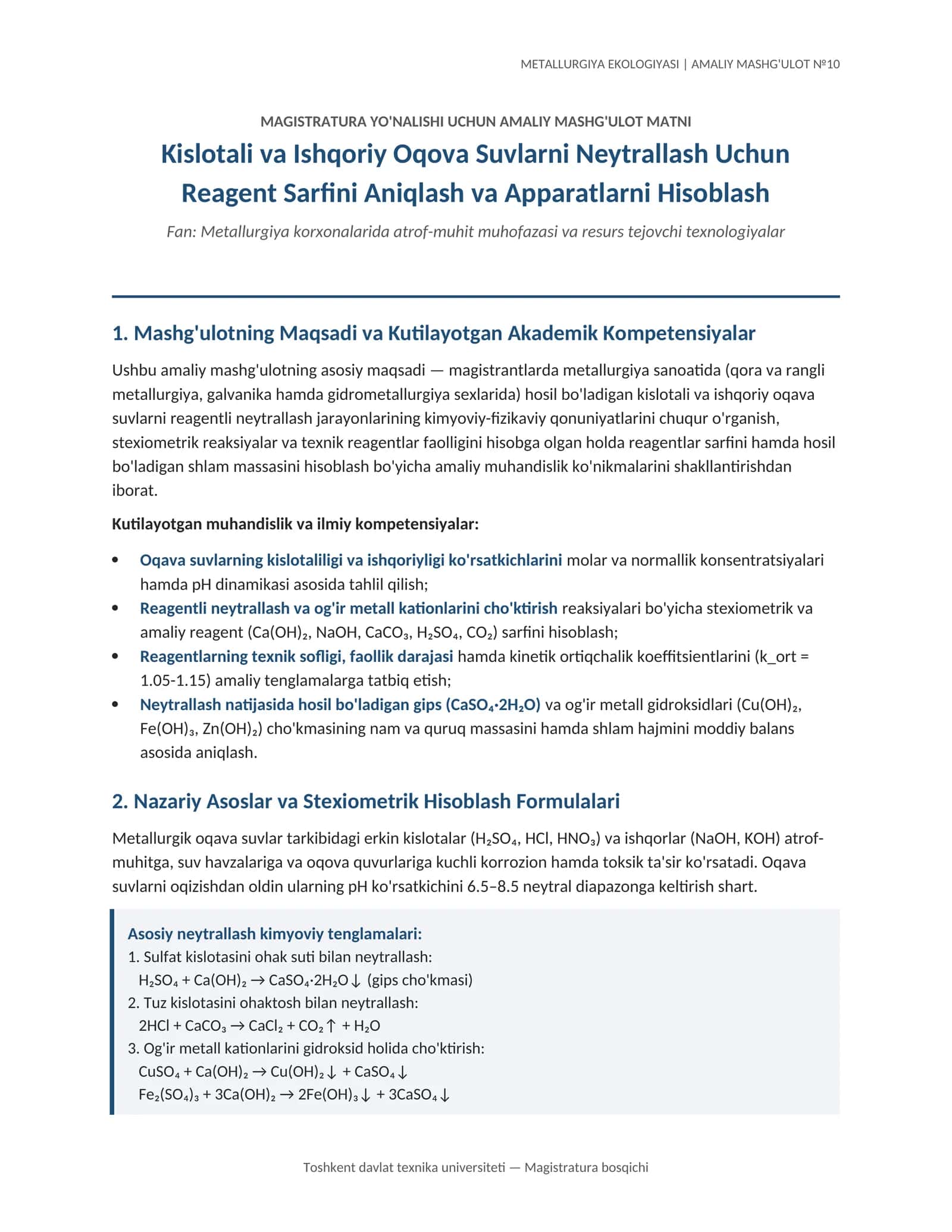 METALLURGIYA EKOLOGIYASI | AMALIY MASHG'ULOT №10 1